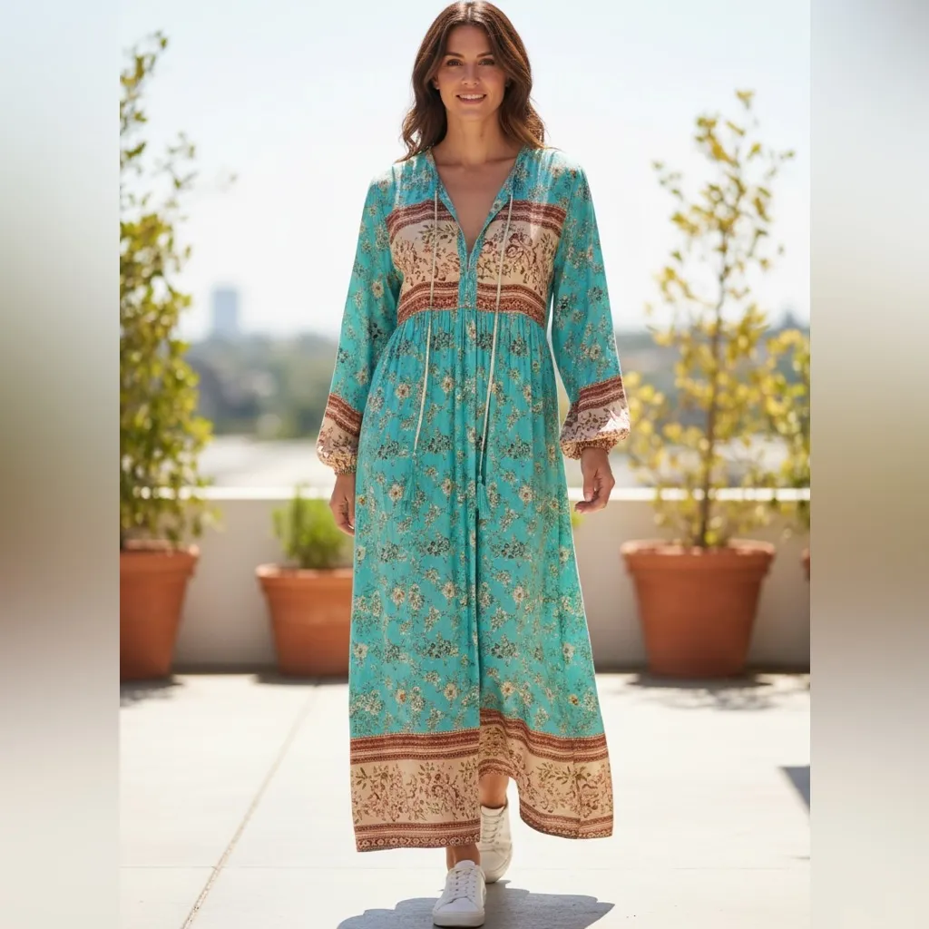 R.Vivimos Tassel Bohemian Maxi Dress Bohemian Teal Dress Size S Blue - Image 2