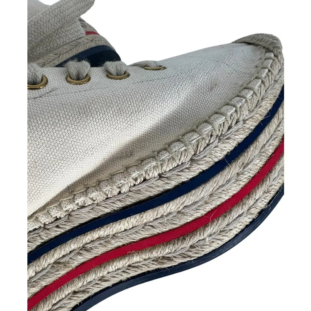 Gucci  Cream Lace Up Canvas Logo Platform Espadrilles - Image 13