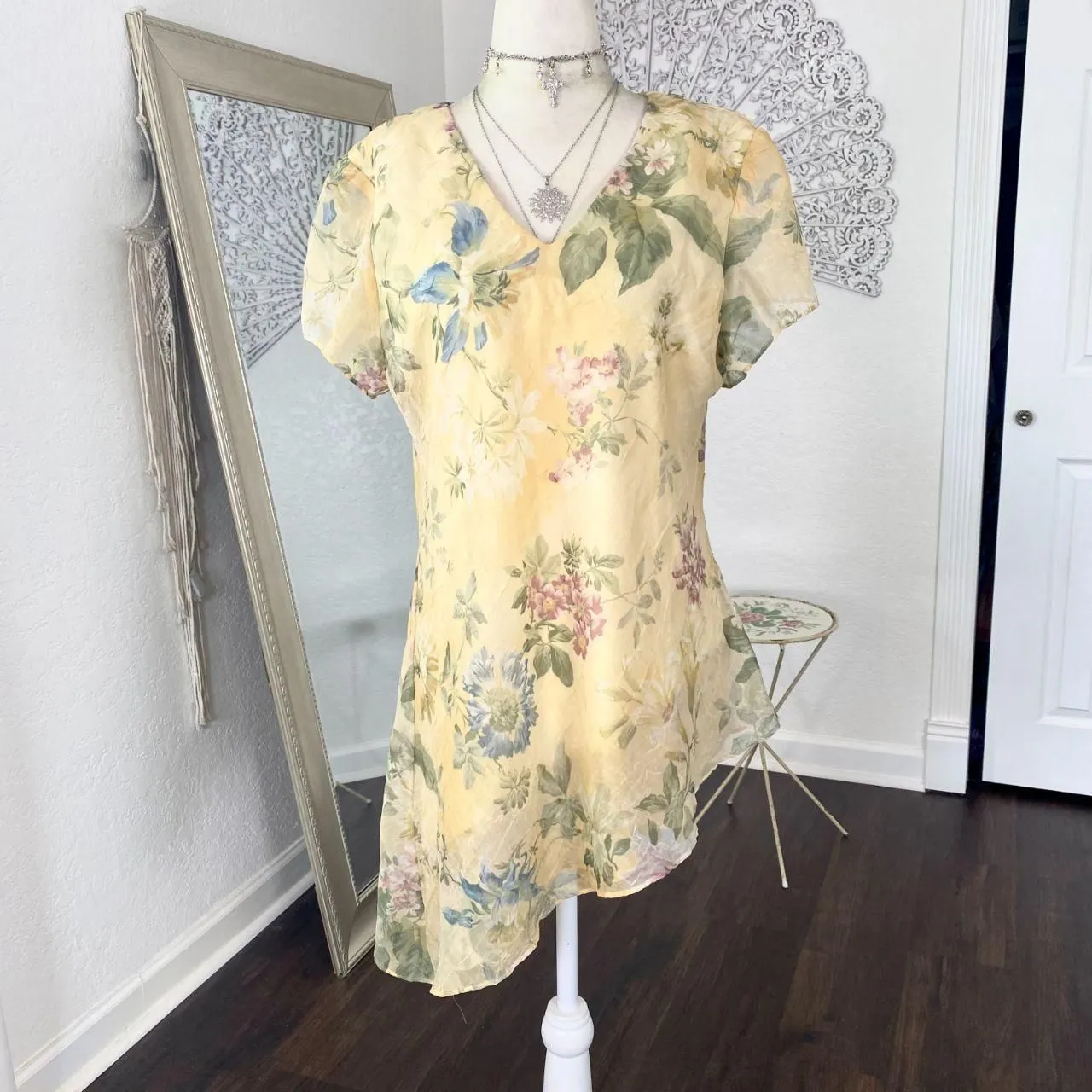 Coldwater Creek Early 2000's Asymmetric Yellow Floral Mesh Blouse Top 16 / XL - Image 4