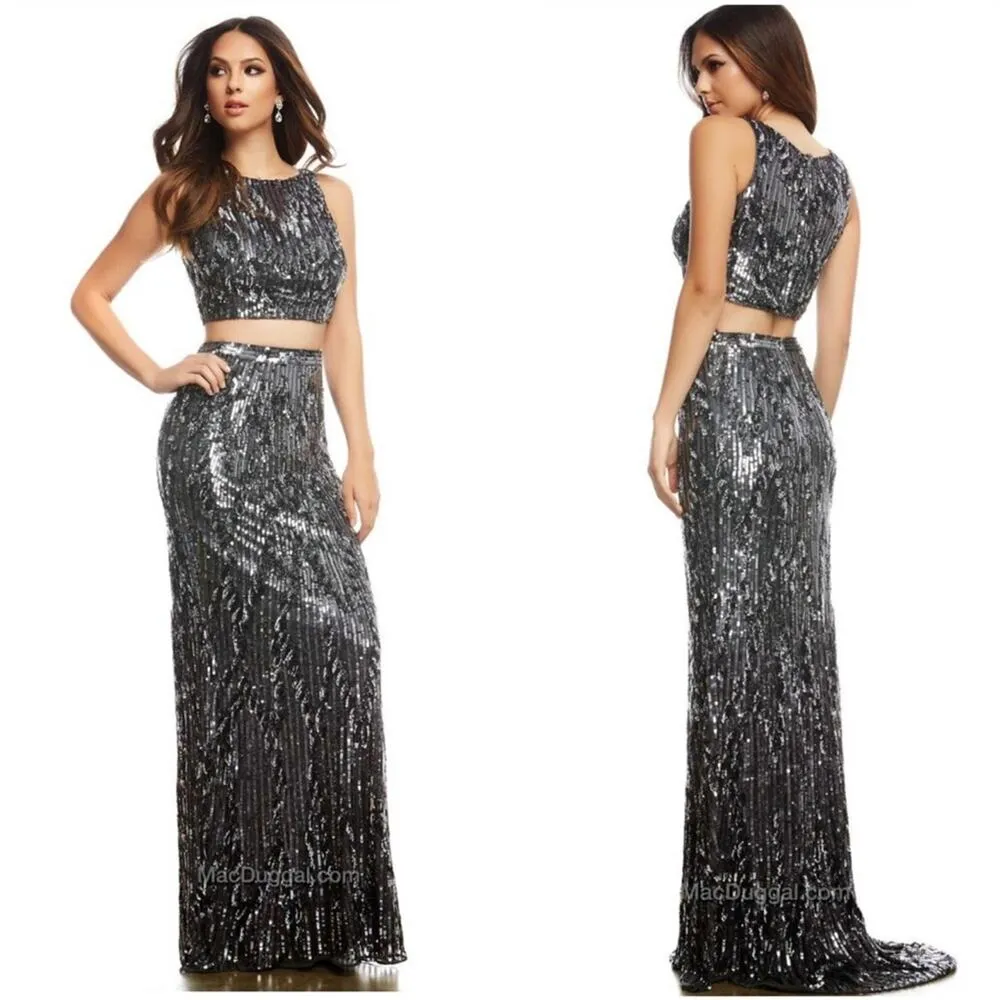 Mac Duggal Silver Sequin Two Piece Top and Skirt Set Size 4 Dress Prom - Image 2