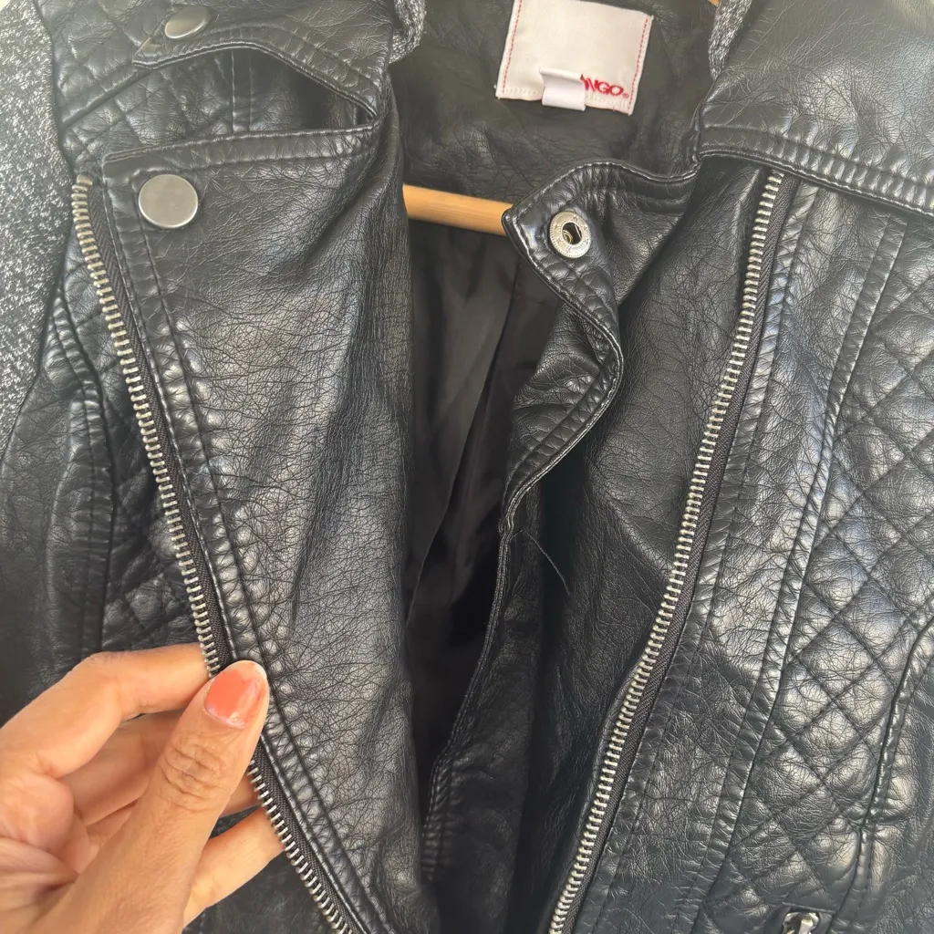 Faux Leather Quilted Jacket with Hoodie - Image 5