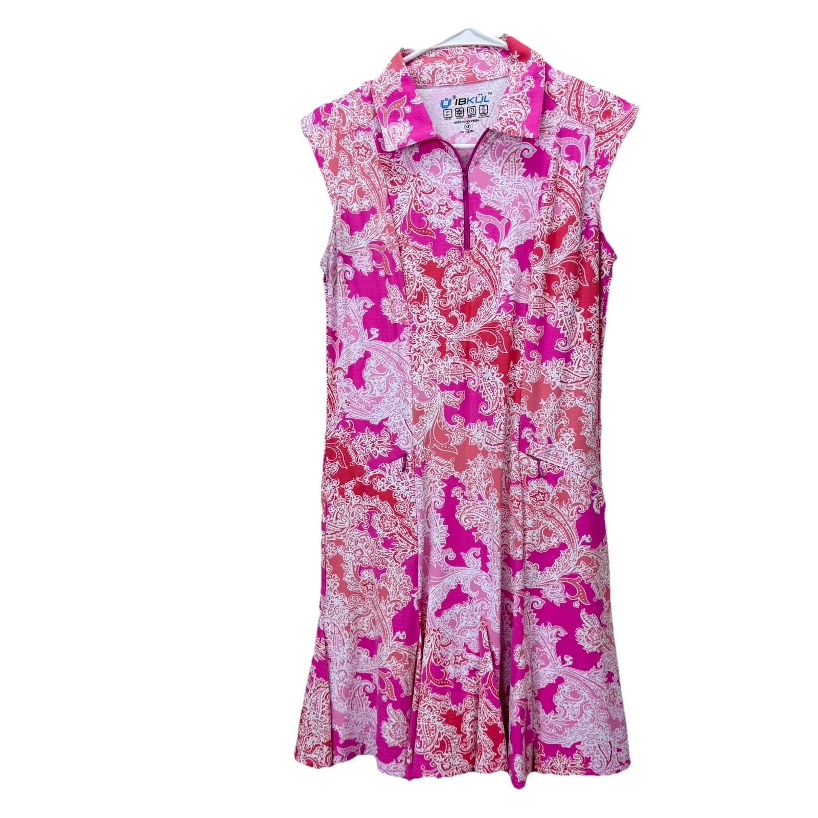 IBKUL Pink Paisley 1/4 Zip Flounce Hem Sleeveless Polo Dress Size XS Pockets - Image 3