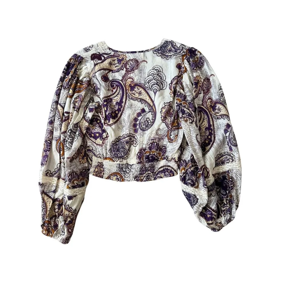 Band of the Free Mirabelle Cream Purple Paisley Boho Lace Trim Crop Top Size XS - Image 3