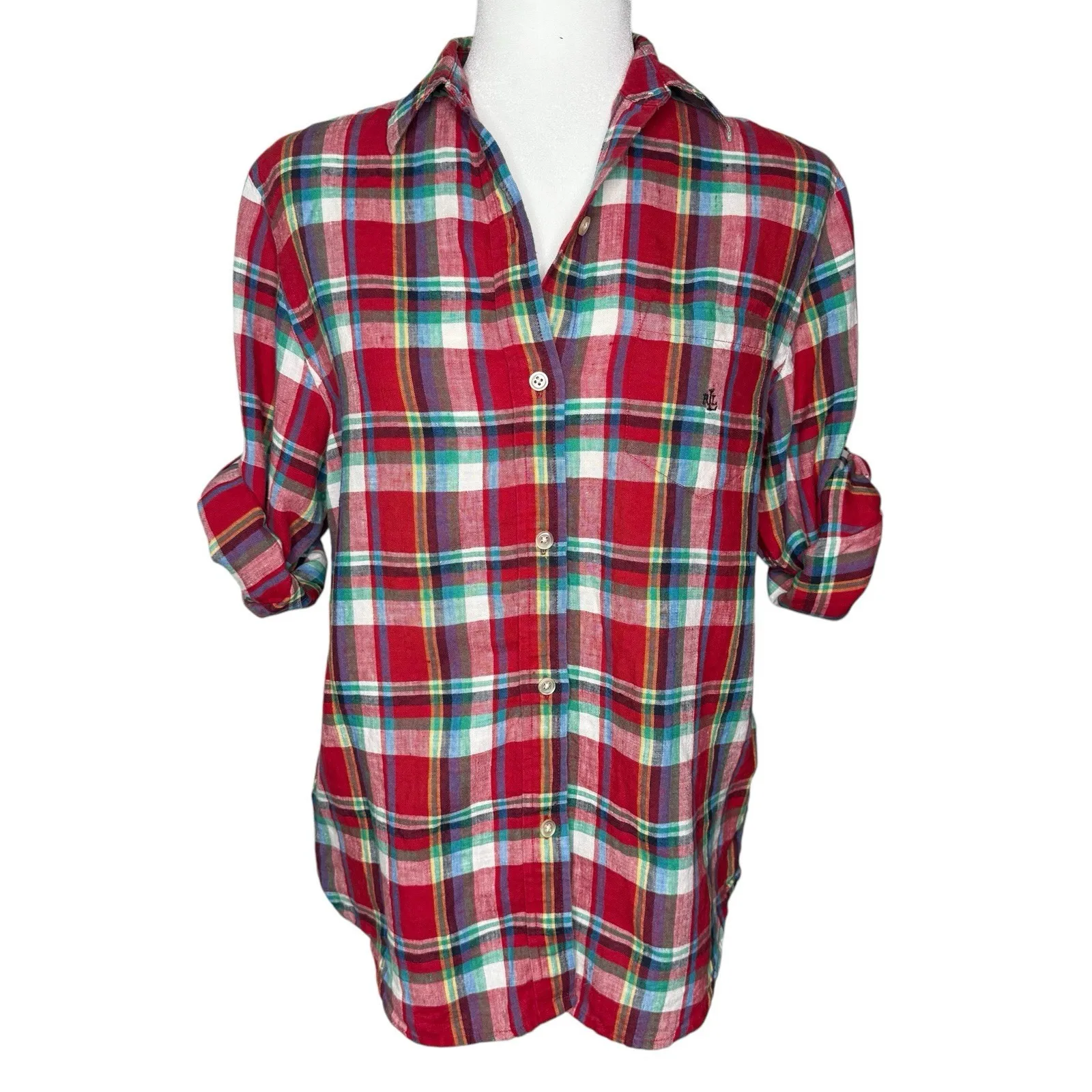 LRL Ralph Lauren S 100% Linen Button Down Roll Tab Shirt‎ Classic Plaid Logo - Image 3