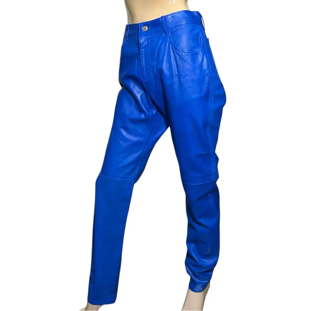 Ralph Lauren Purple Label Vintage 12 Bright Blue Leather High Rise Jeans Pants - Image 3