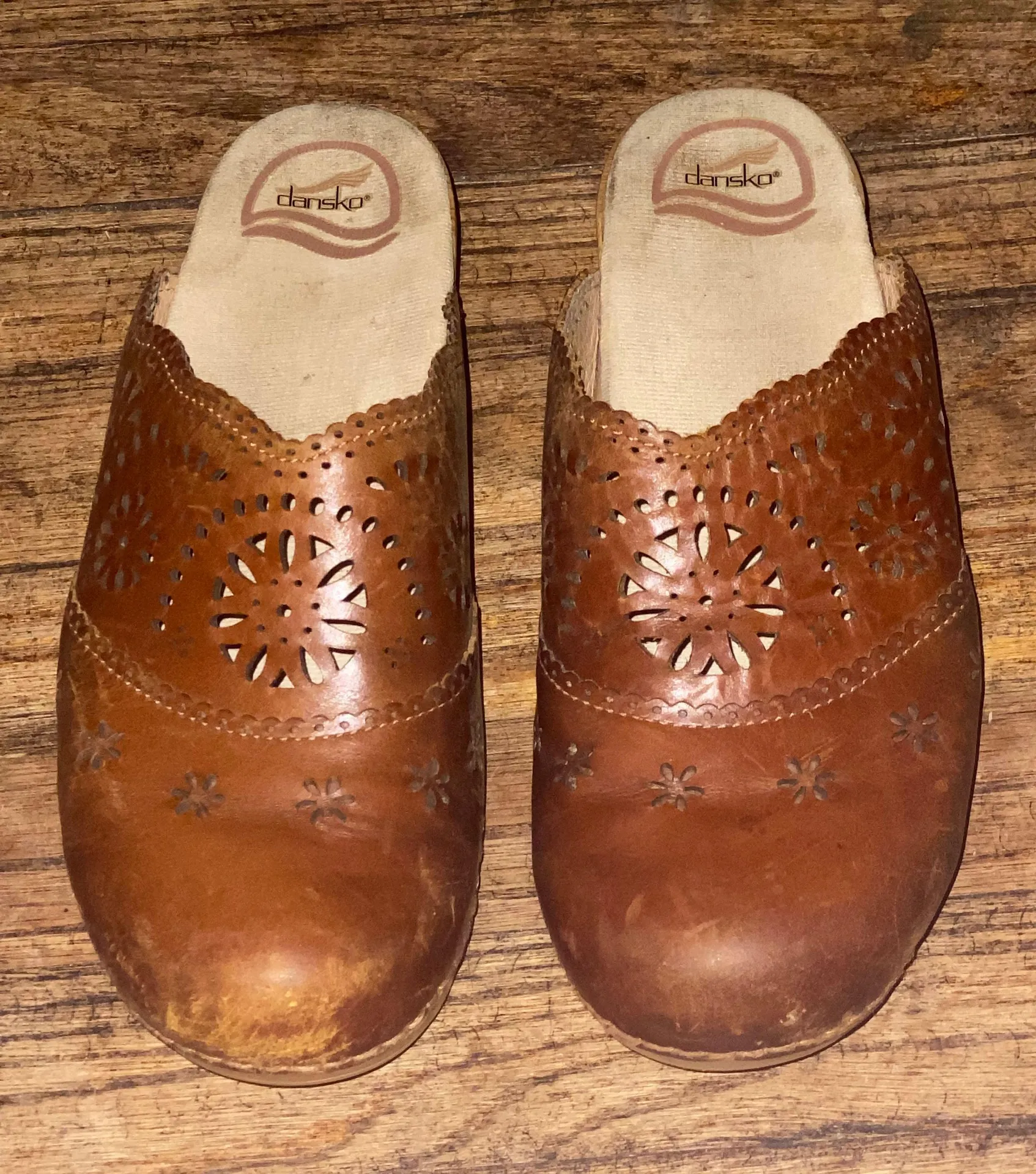 Dansko Skylar Laser Cut Out Brown Leather Mules Clogs - Image 3