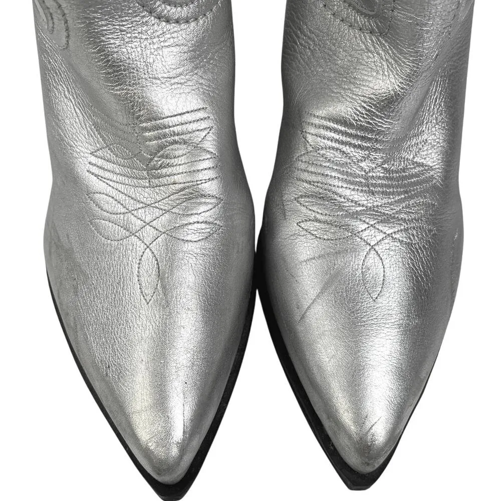 Steve Madden West Silver Leather Pointed Toe Pull On Block Heel Western Boots 9M - Image 5