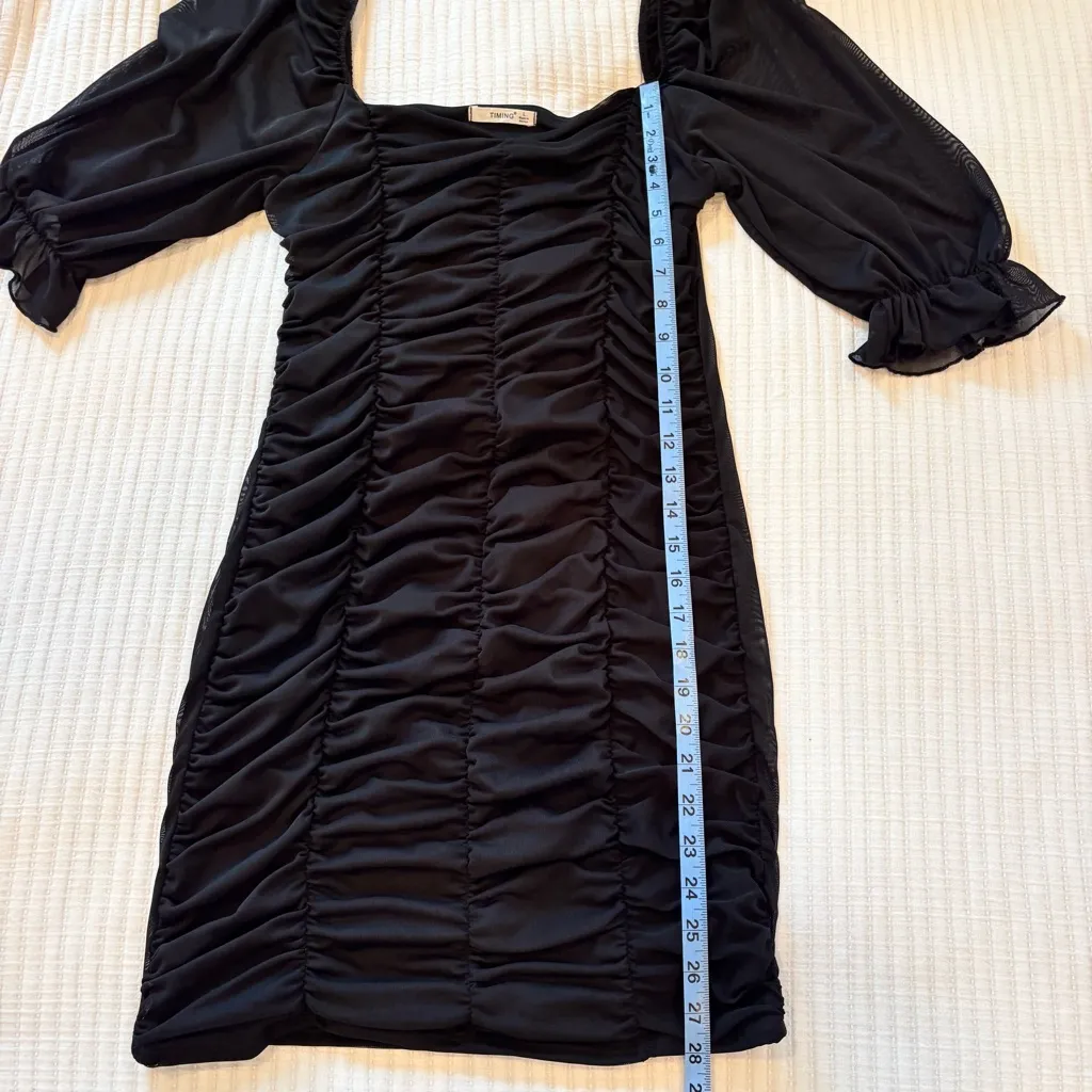 Timing Brand Women's Elegant Black Ruched Mess Mini Dress Mesh Sleeves Size L - Image 9