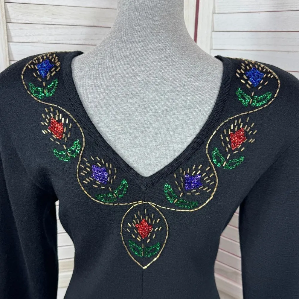 Vintage Liz Claiborne Sequin Beaded V Back Wool Blend Ponte Knit Dress Black 10P - Image 7