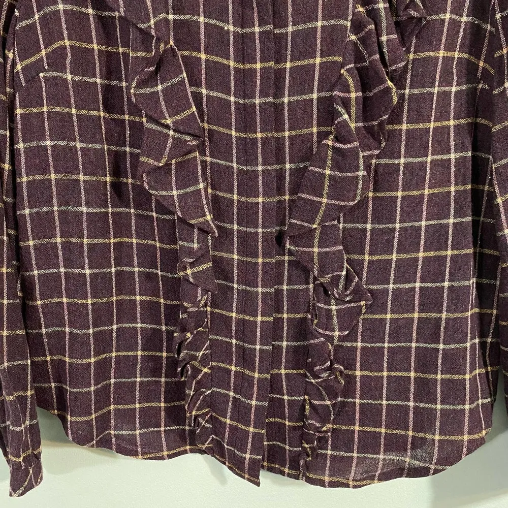 Madewell Women's Purple Plaid Ruffle Front Button Up Blouse Size S - Image 4