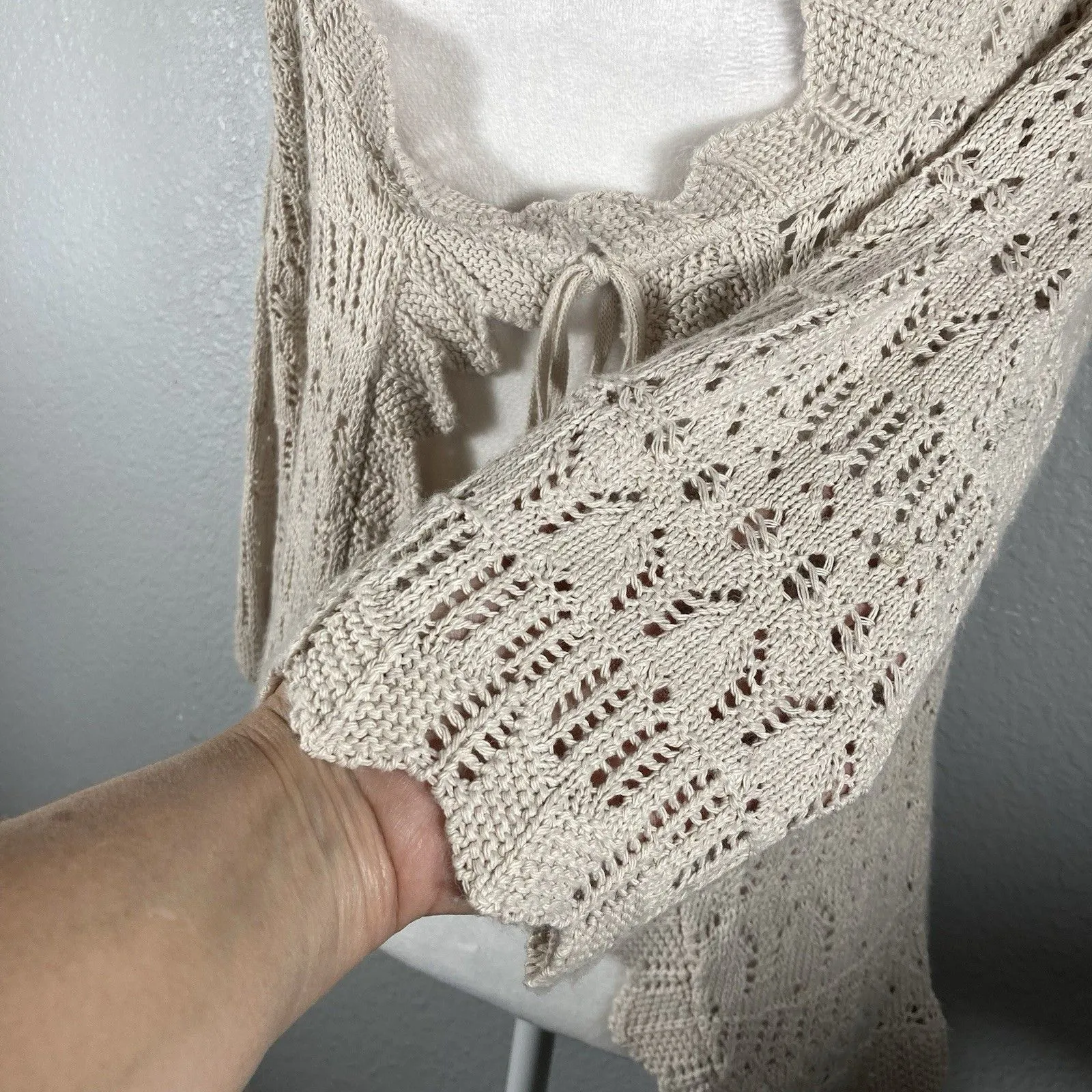 Crochet Cardigan S Cream Ivory Tie Front Coastal Beach Boho Cottage Y2K Vintage - Image 5