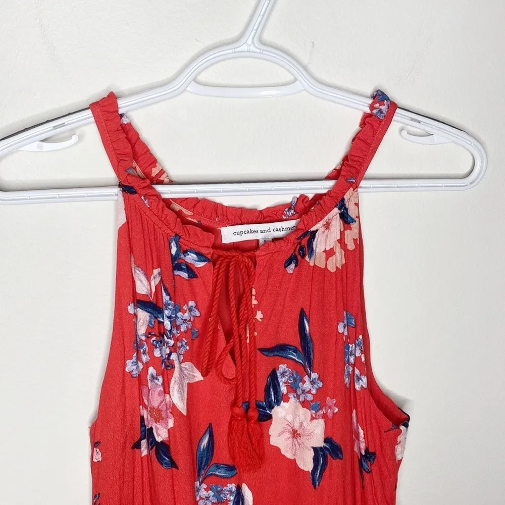 Cupcake and Cashmere crepe coral red floral ruffled tassel tie sun dress size L - Image 70