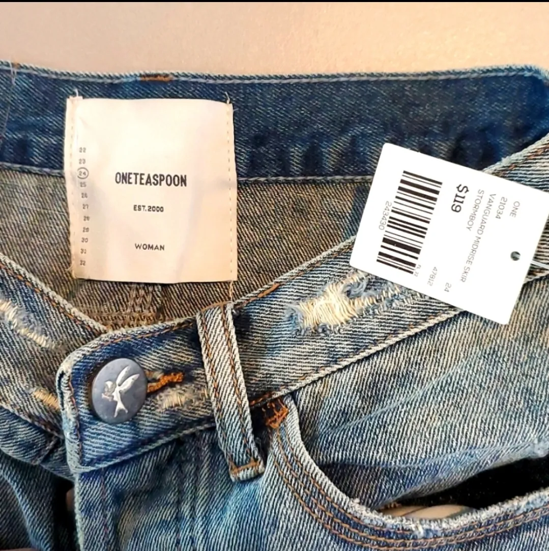 One Teaspoon  High Waist Distressed Denim Mini Skirt Blue Storm - Image 3