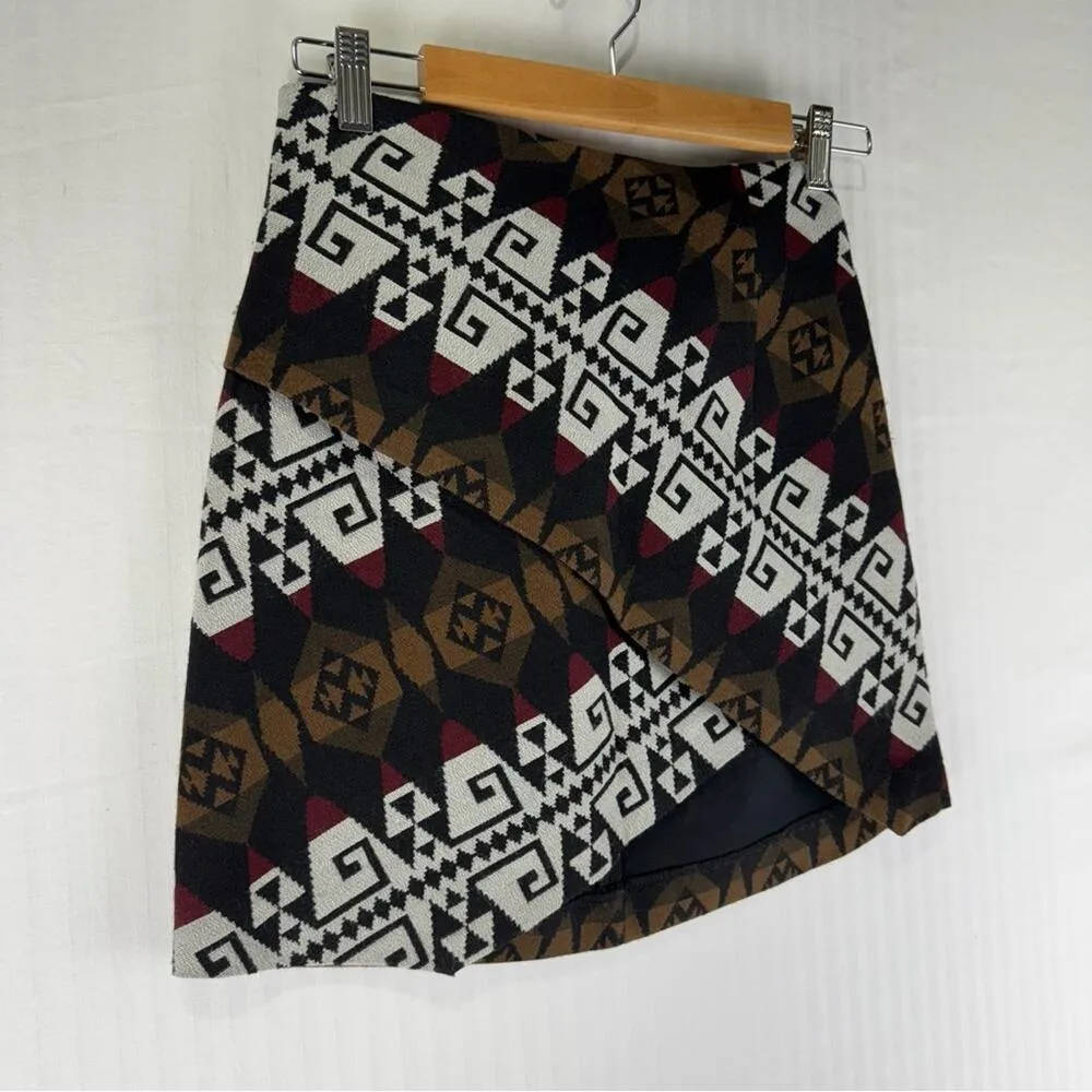 Zara Aztec Tribal Tiki Print Wrap Mini Skirt Women’s Size Small Sienna Brown - Image 4