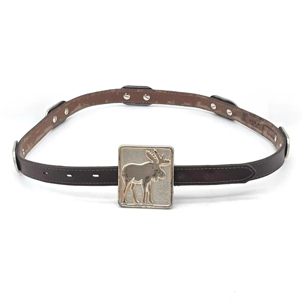 Vintage Navasota Western Leather Belt Moose Buckle Star Canoe Conchos Size M USA Brown - Image 4