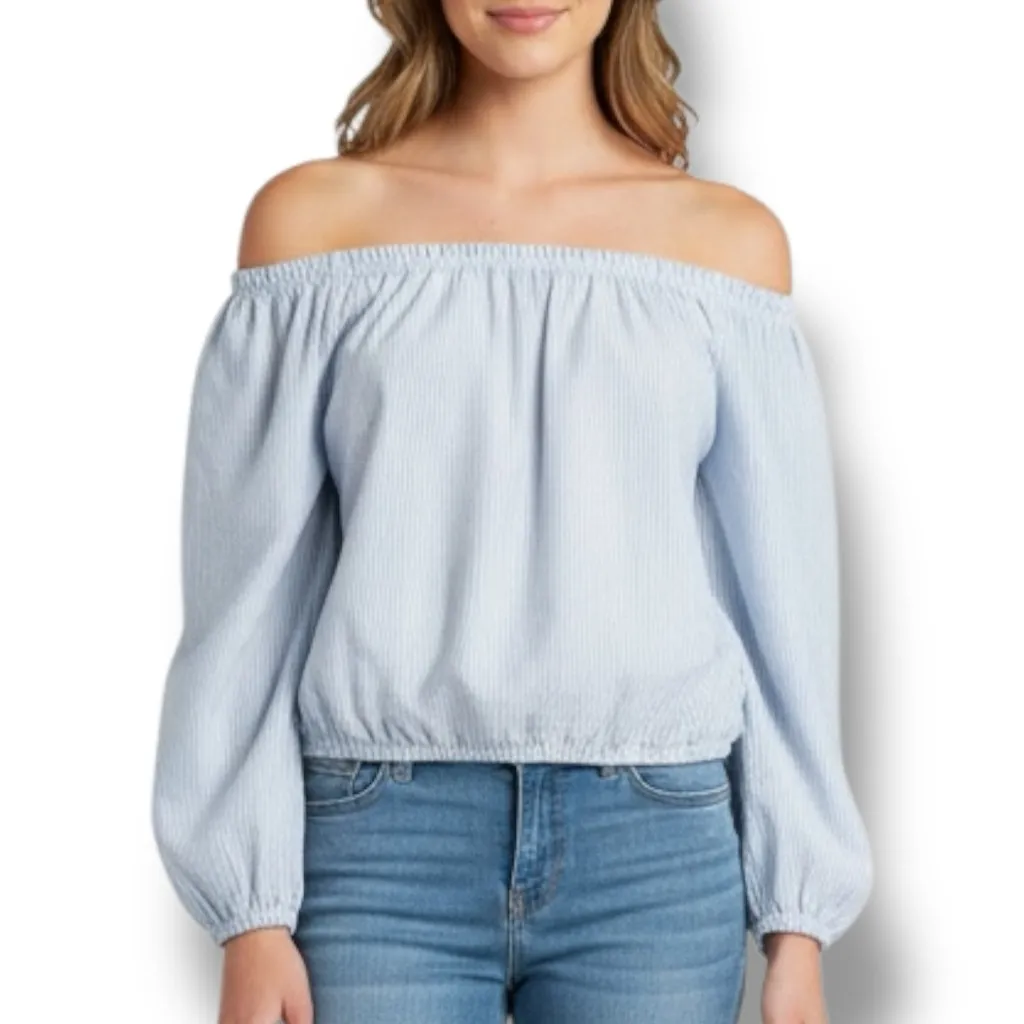 John Galt Brandy Melville Off The Shoulder Blue White Striped Crop Top Size OS - Image 2