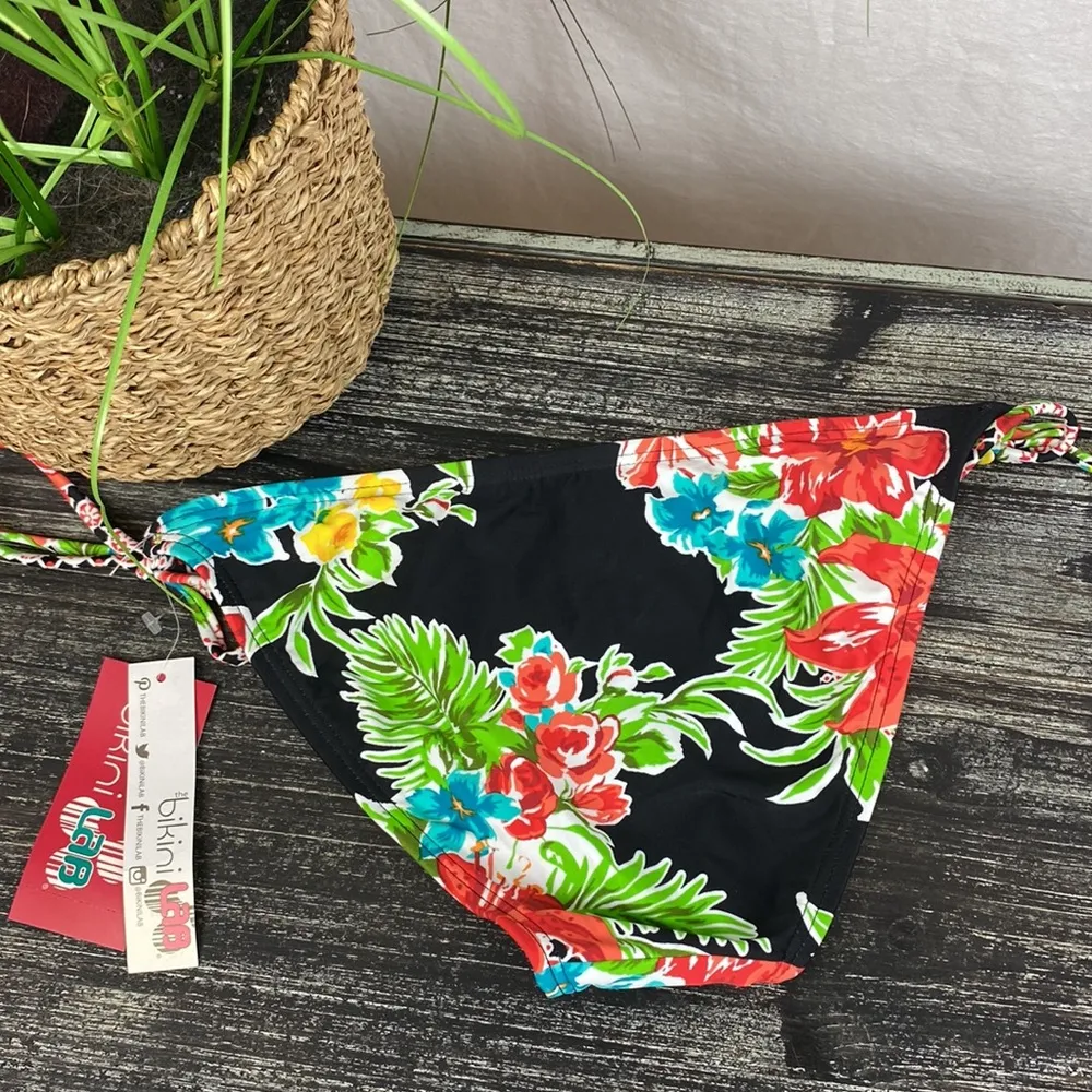 Bikini Lab Black Floral Print Side Tie Bikini Swim Suit Bottoms NEW 12 - Image 2