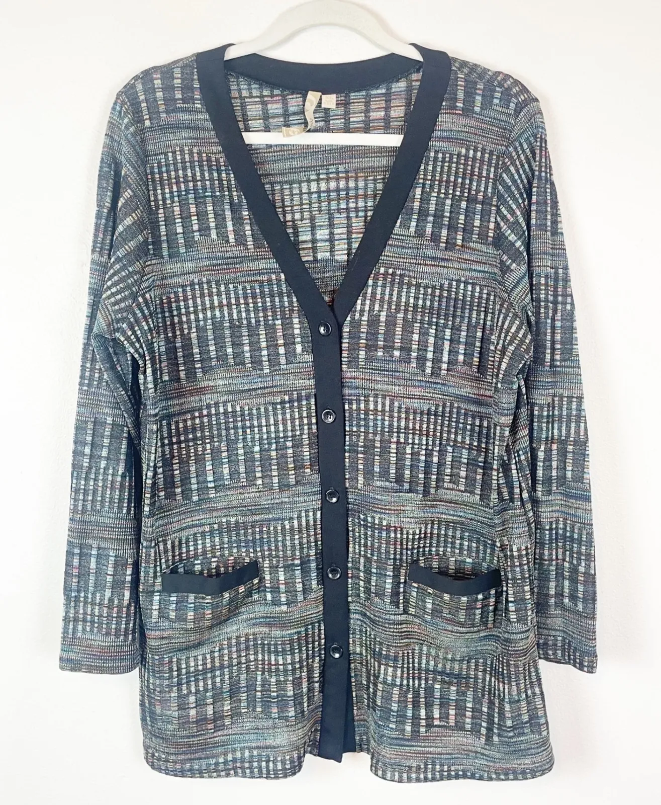 Comfy USA XL Button Front Cardigan Sweater Top Plaid Multicolor Long Sleeve Black - Image 1