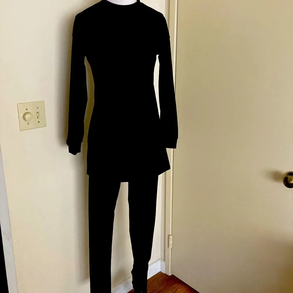 Two Piece Long Sleeve Shirt Top Pants Joggers Set Black - Image 3