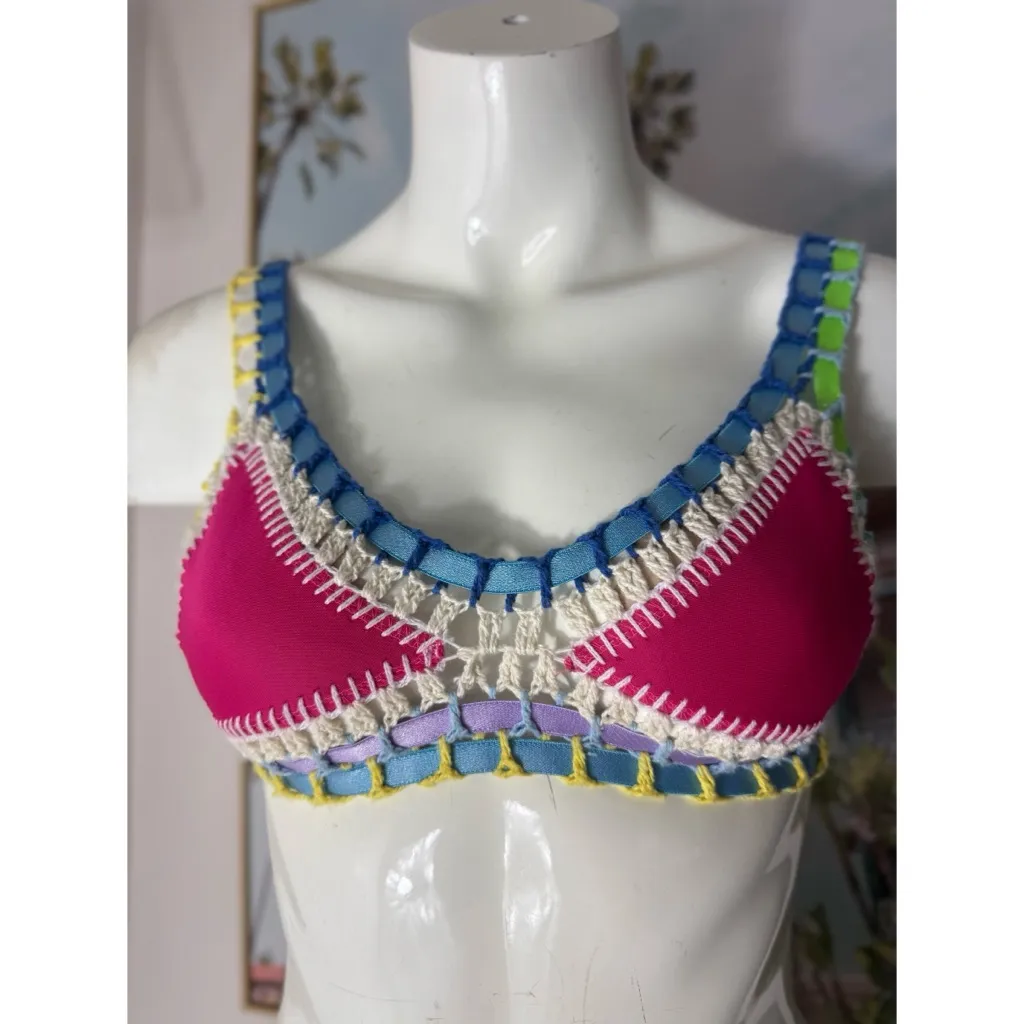 Women’s Multicolor Crochet Trim Triangle Bikini Set Swimsuit Size Small Pink - Image 5