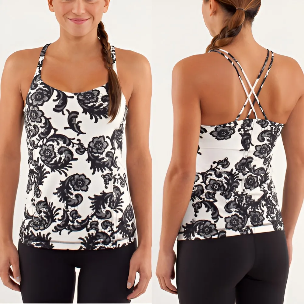 Lululemon‎ Free To Be Floral Active Tank Top Size 6 Laceoflage Polar Cream Black - Image 2