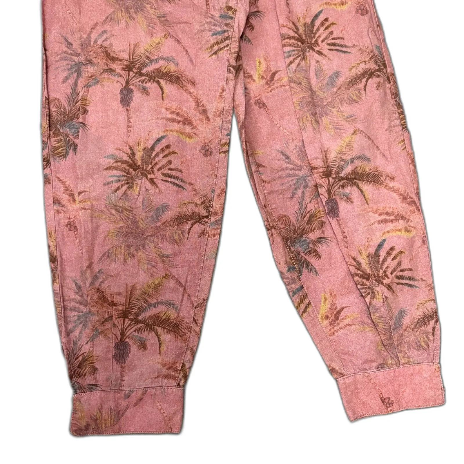 Zara Linen Cotton‎ Palm Print Tapered Pants Pink Tropical High Rise US Size 6 - Image 3