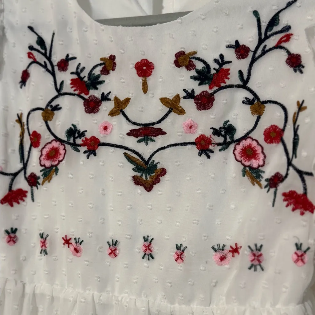 Swiss Dot Floral Embroidered Boho Keyhole Back Ruffle Sleeve Babydoll Top 2XL White Size 2X - Image 3