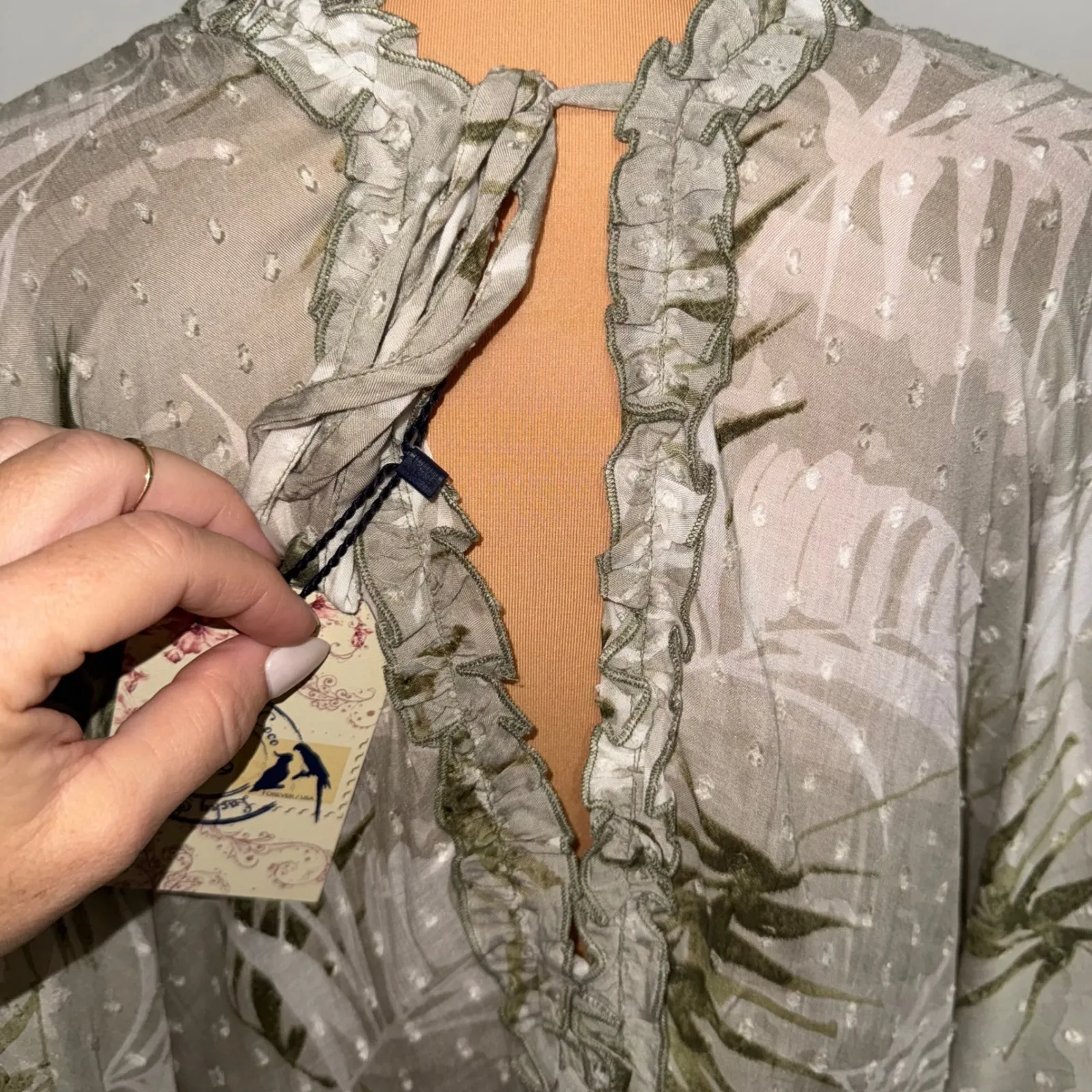 Lucky & Coco Womens Dress Medium M Gray Green White Leaf Print Long‎ Sleeve - Image 5