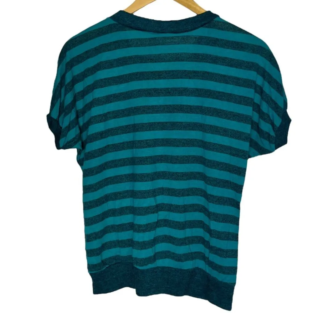Y2K Jackie Scott Women's M Puff Sleeve Sweater Tee Teal Blue‎ Stripe Plunge Neck Blue Size M - Image 2