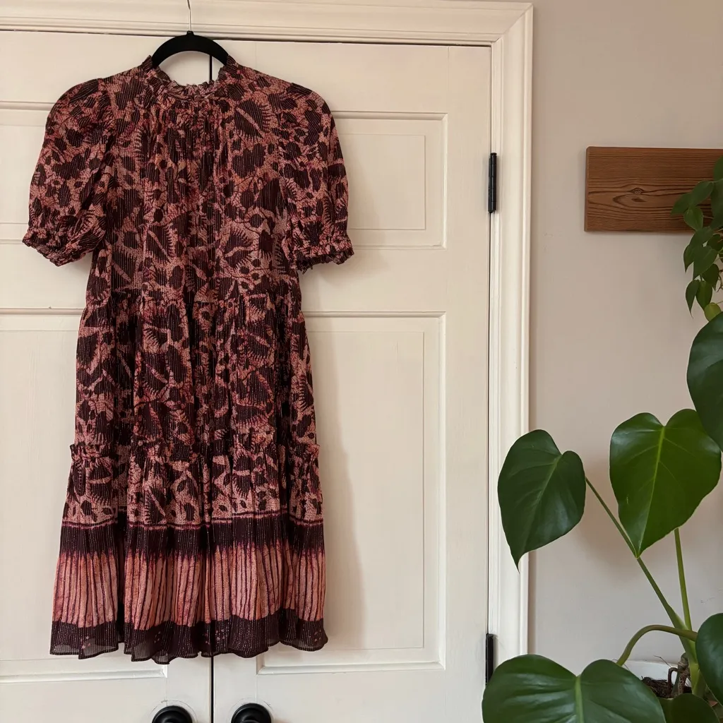 Ulla Johnson Dhalia Bordeaux Purple Maroon Batik Puff Sleeve Silk Dress Size 0 - Image 5