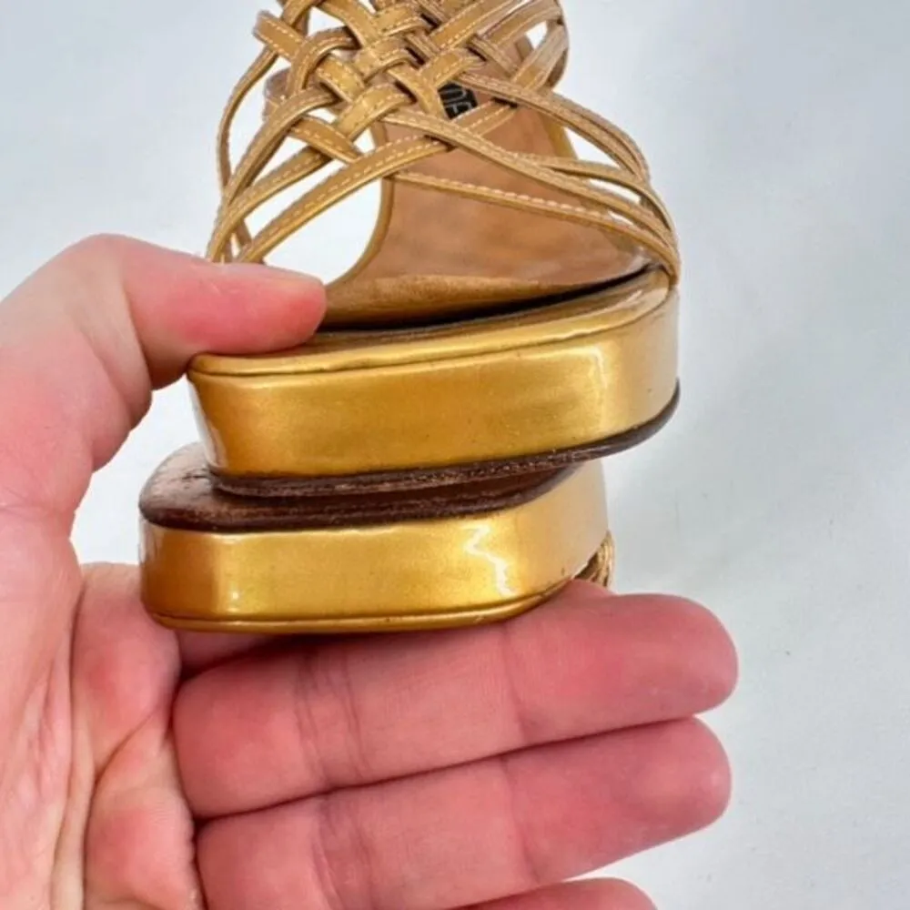 Casadei Womens Leather Peep Toe High Heel Strappy Platform Sandals Gold Size 8.5 - Image 8