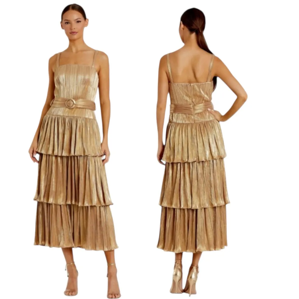 NWT Mac Duggal 27062 Tea-Length Metallic Plissé Midi Dress Party Gold Size 6 - Image 2