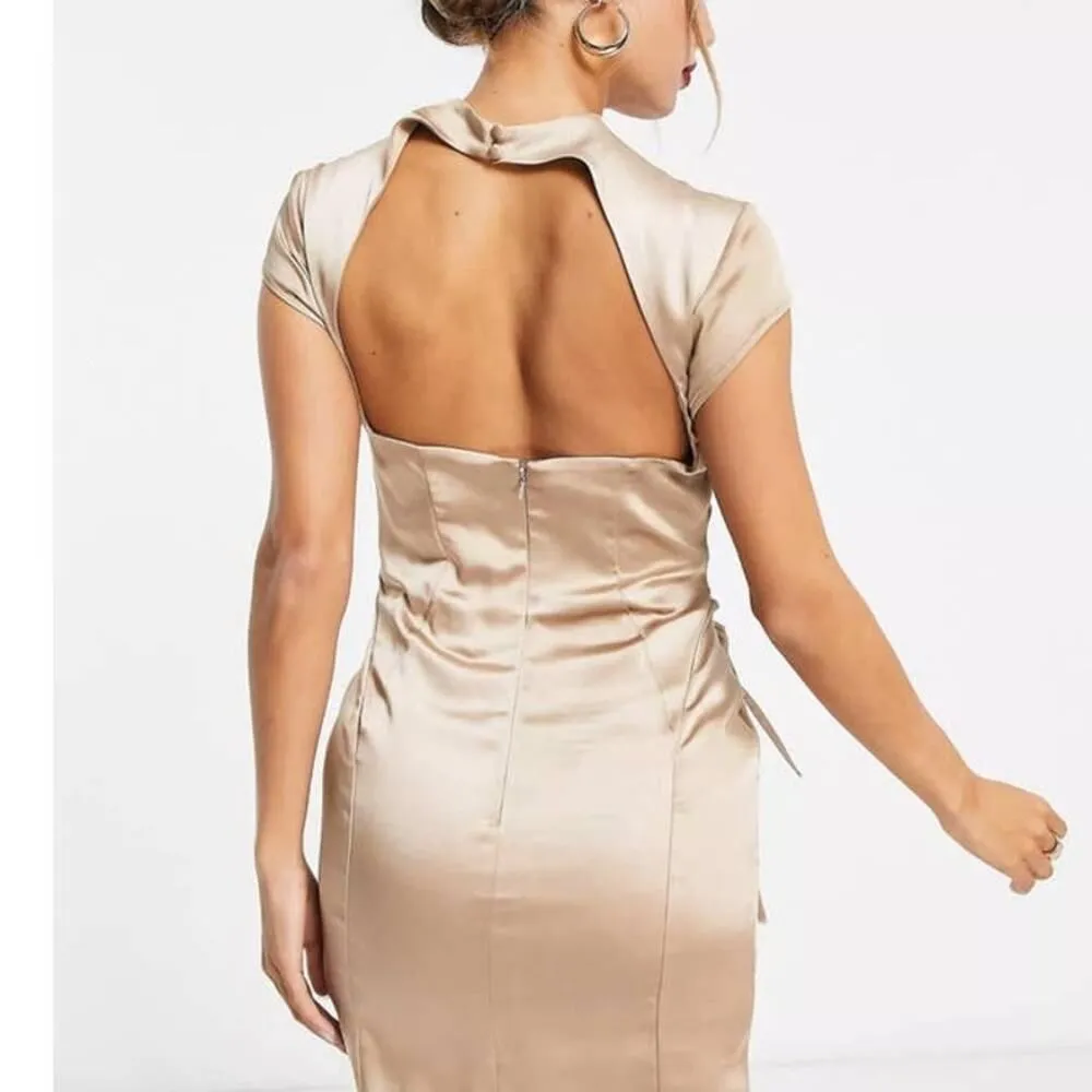 ASOS DESIGN Mini Dress Women's 4 Gold Satin High Neck Seamed Lace-Up NWT - Image 2