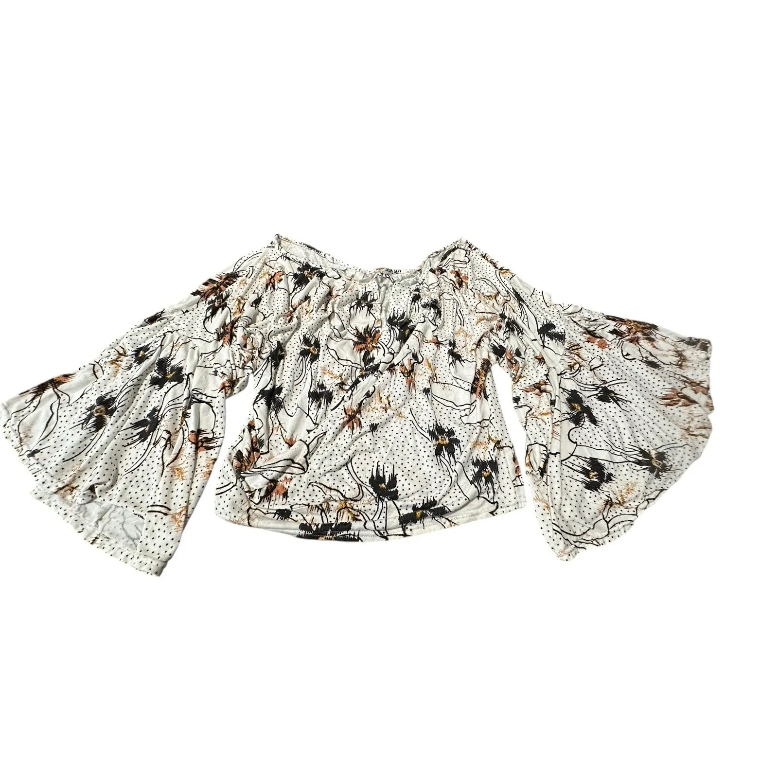 Free People Last Time‎ Ivory Floral Drape Keyhole Bell Sleeve Top Large #CD12-5 - Image 3