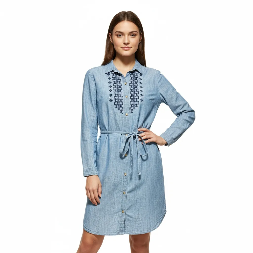 Abercrombie & Fitch Womens Large Light Blue Denim Shirt Dress Tie Waist - Image 3