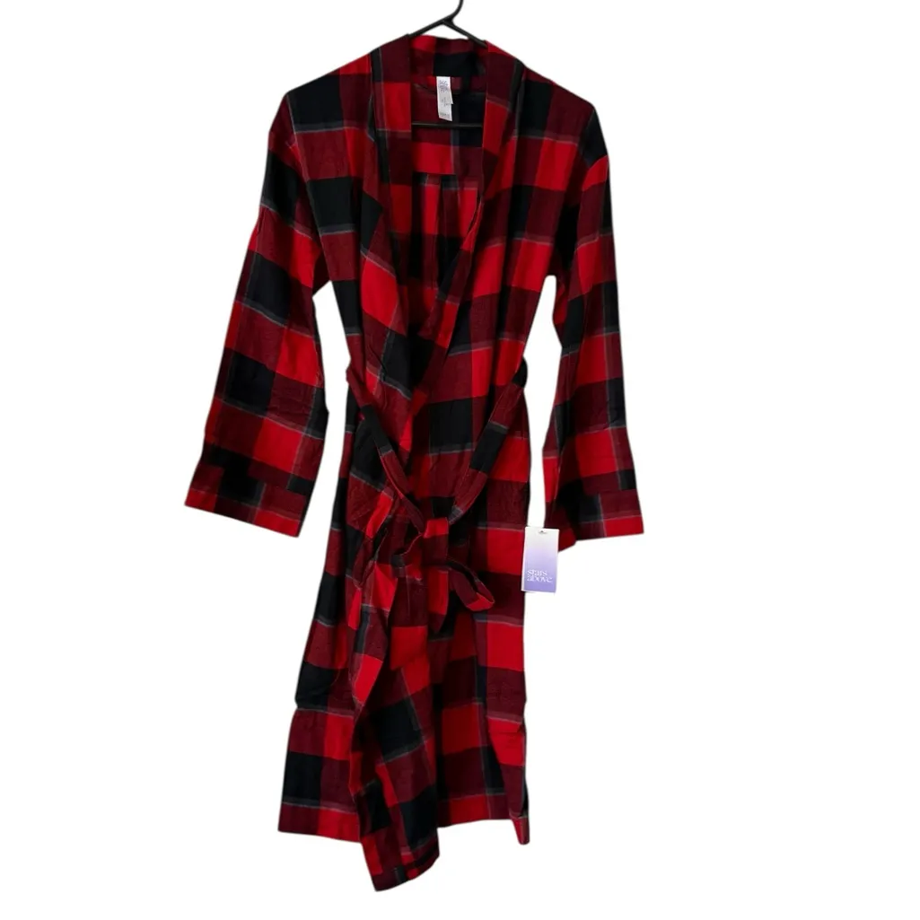 Stars Above Red and Black Plaid Women's Robe - Image 2