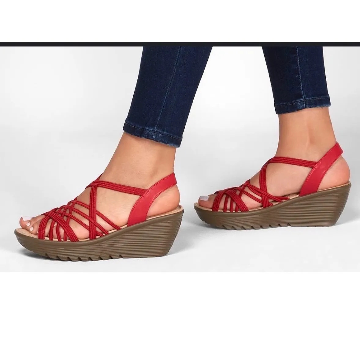 Skechers Parallel Crossed Wires Women
7.5 Red Wedge Sandals Memory Foam Strappy - Image 2
