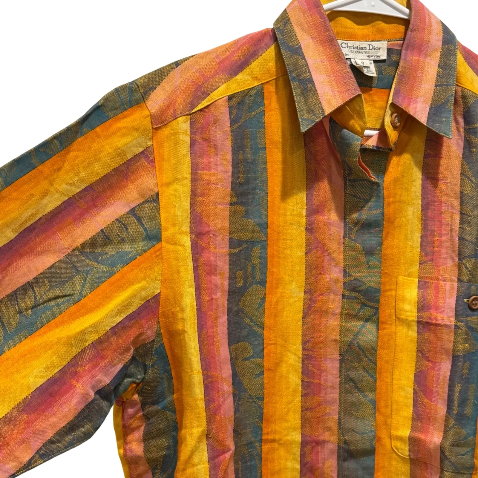 Christian Dior Paris New York Leaf Striped Multi-Color Button Down Shirt‎ Size 8 - Image 2