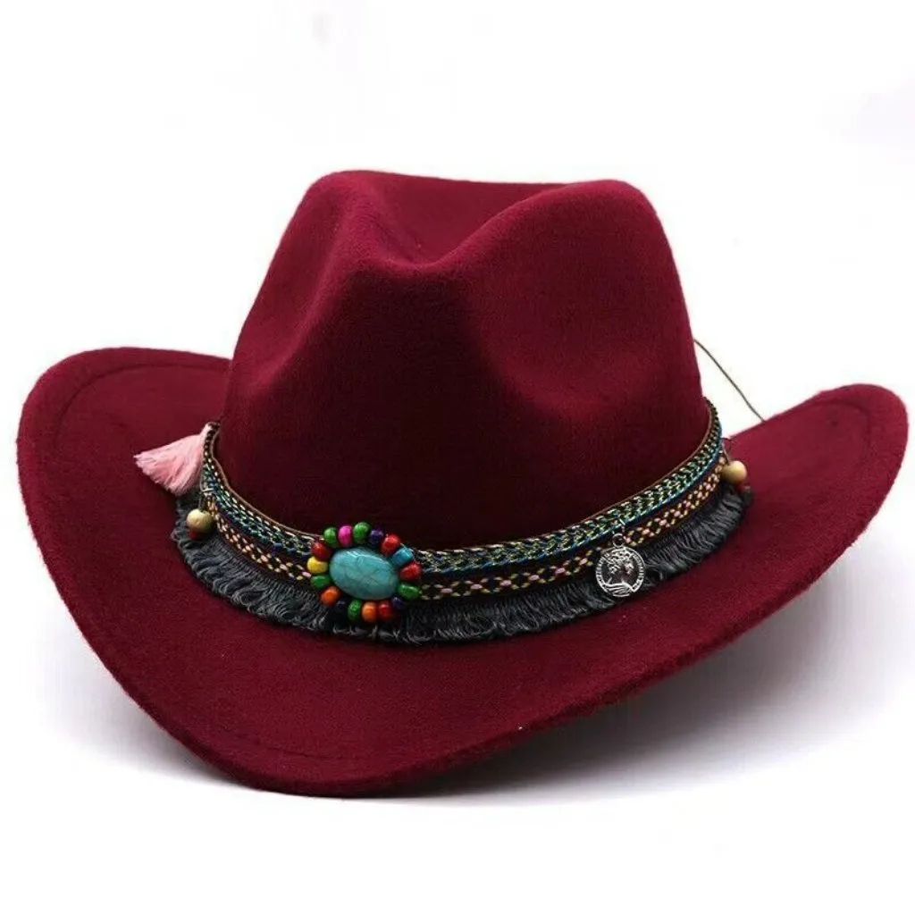 Maroon, Red Western Cowboy, Cowgirl Hat, Bead Tassle Strap, Men Women Wide Brim‎ - Image 5