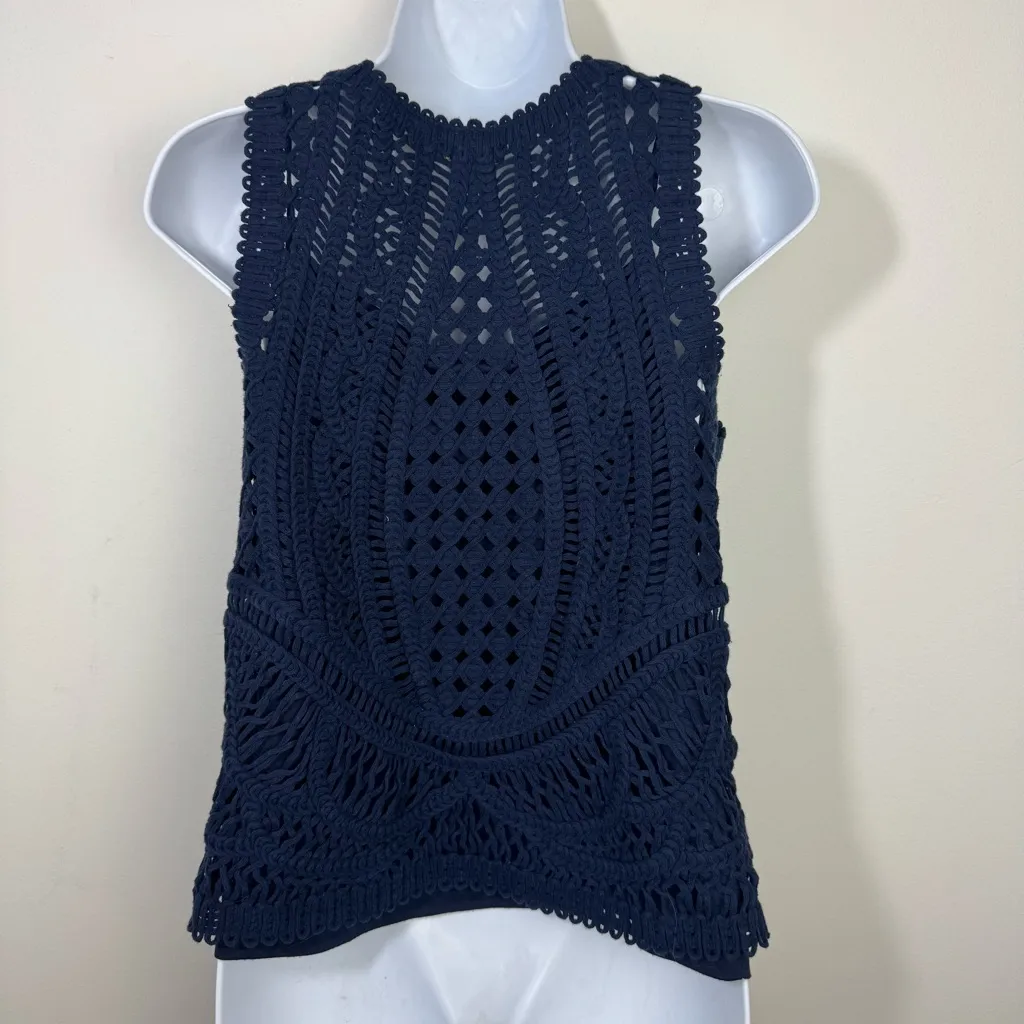 Massimo Dutti Crochet Tank Top in Navy Blue Size Small - Image 2