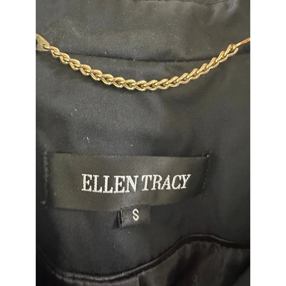 Ellen Tracy Black Button Down Side Pockets Removable Hood Short Trench Coat S - Image 8