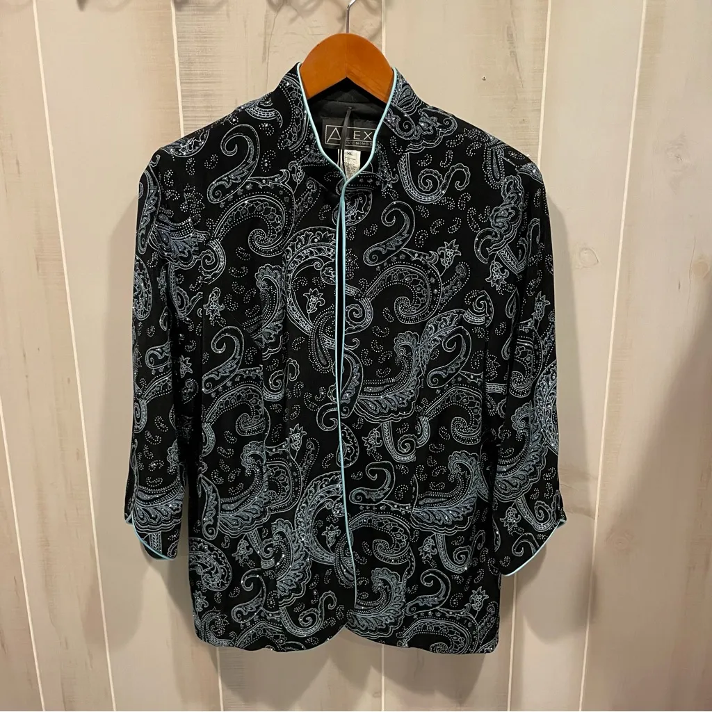 Cute Vintage 90s sparkly slinky swirl baby blue cardigan mandarin collar top - Image 11