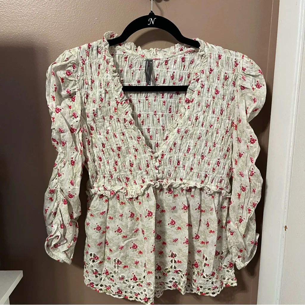 By Anthropologie Ruched Sleeve Smocked Blouse Cream Floral Ruffle V-Neck Blouse - Image 2