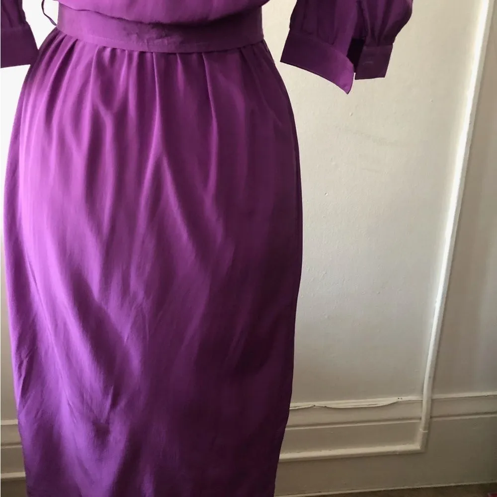 Vintage 80s purple puffed shoulders blousbelted silk 3/4 sleeve midi shift dress - Image 12