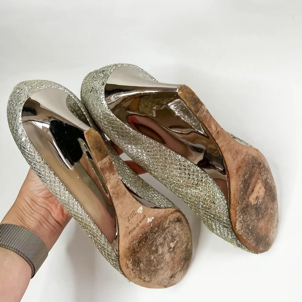 JIMMY CHOO Metallic Champagne Glitter Baxen Peep Toe Wedge 39.5 - Image 6