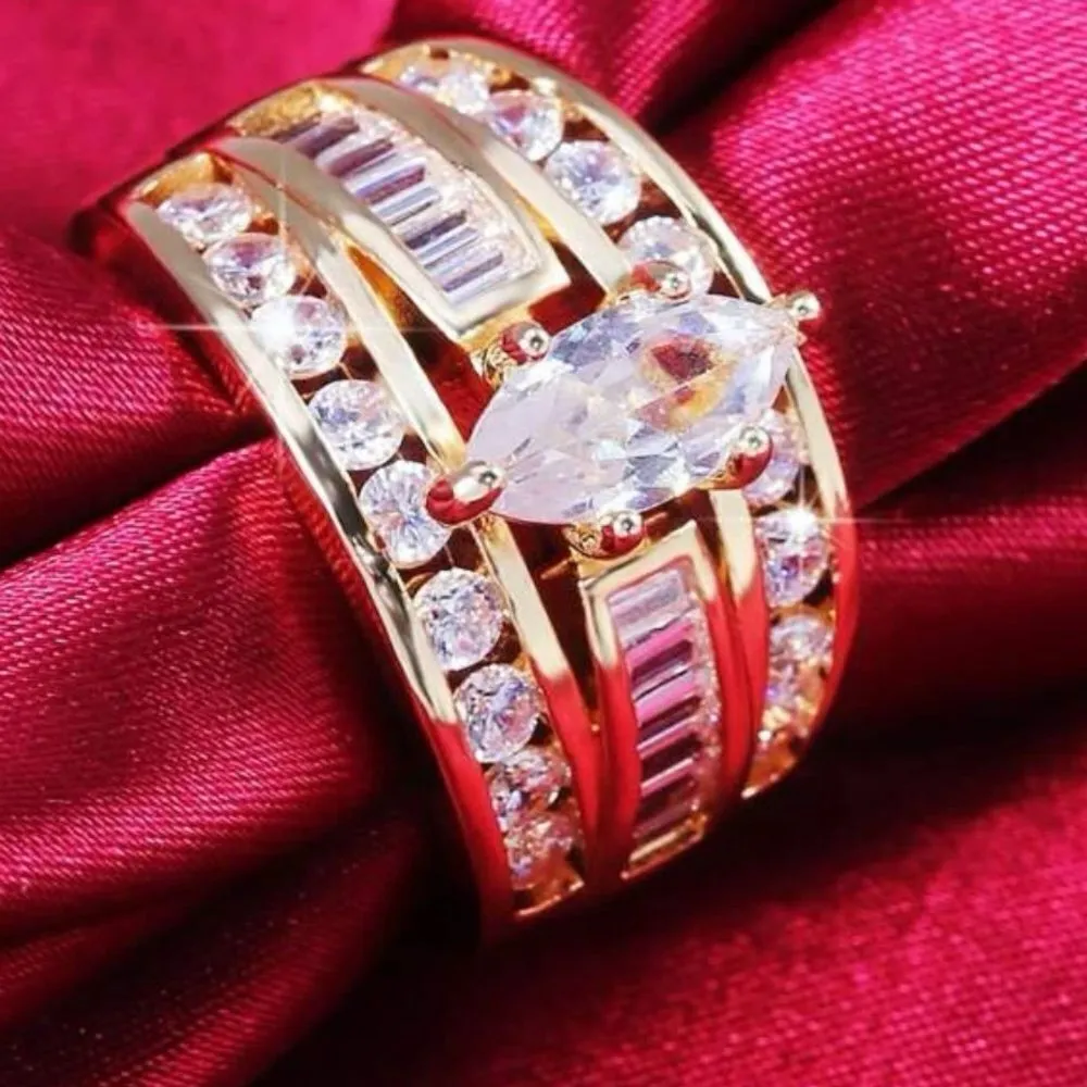 Gorgeous gold band marquise faux diamond Wedding ring set ! so realistic! Size 6 - Image 5