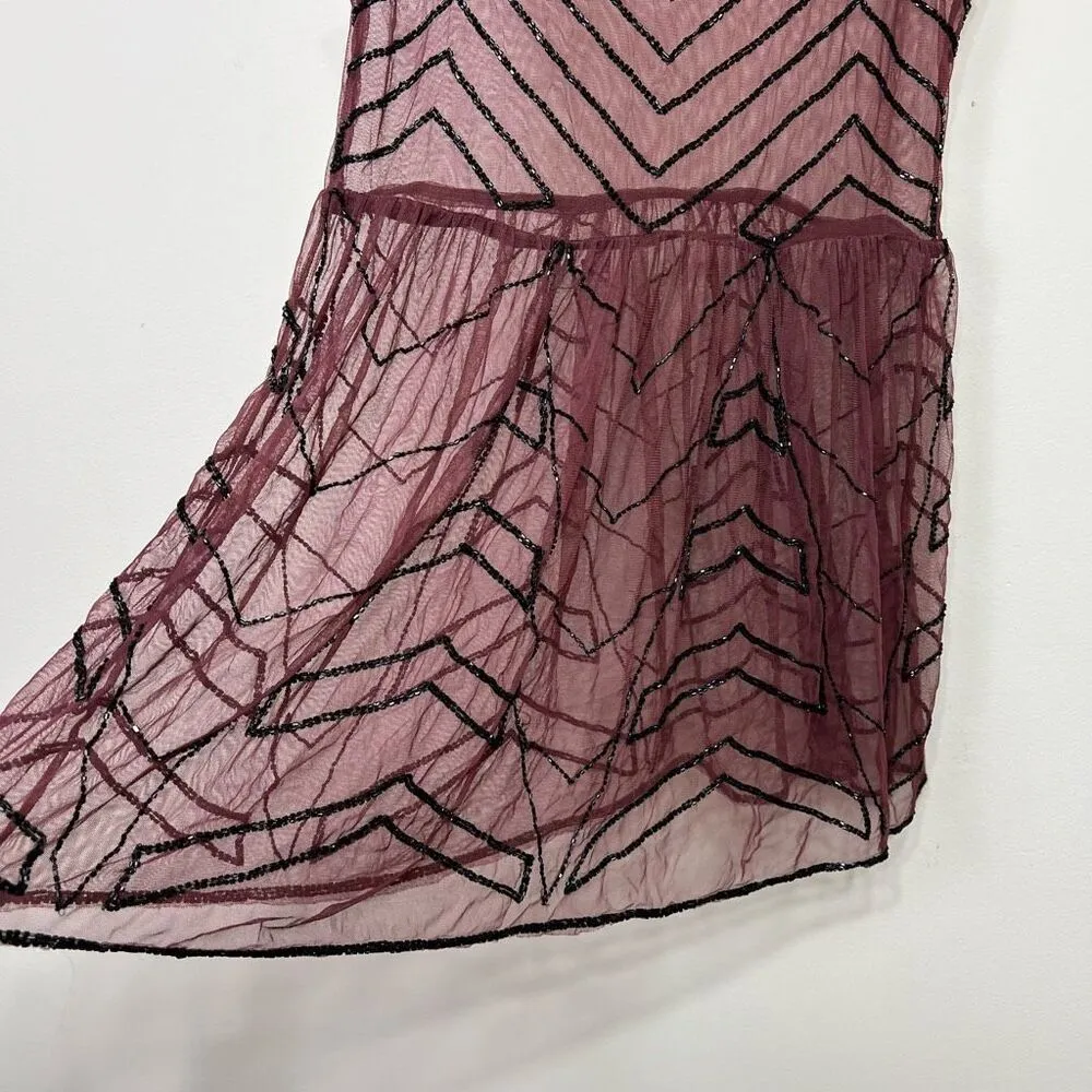 Free People Burgundy Overlap Sheer Beaded Dress Tunic Slip Dress Small Women - Image 4