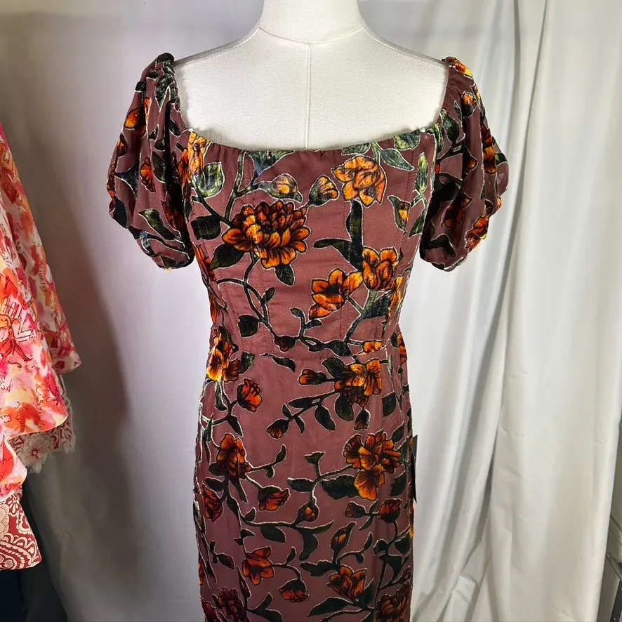 Lulus Velvet Floral Off-the-Shoulder Maxi Dress Brown Puff‎ Sleeve Womens S New - Image 5