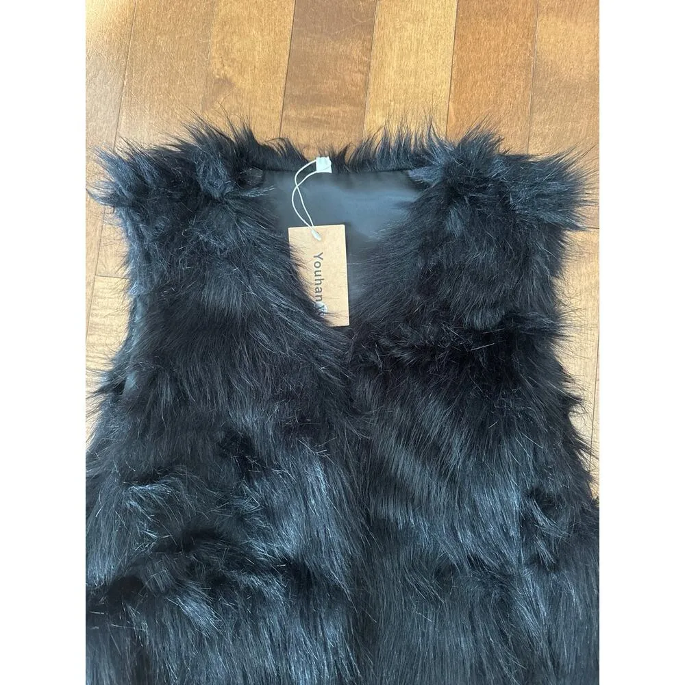 NWT Youhan Women's Faux Fur Vest Coat Sleeveless Jacket size xs Black - Image 10