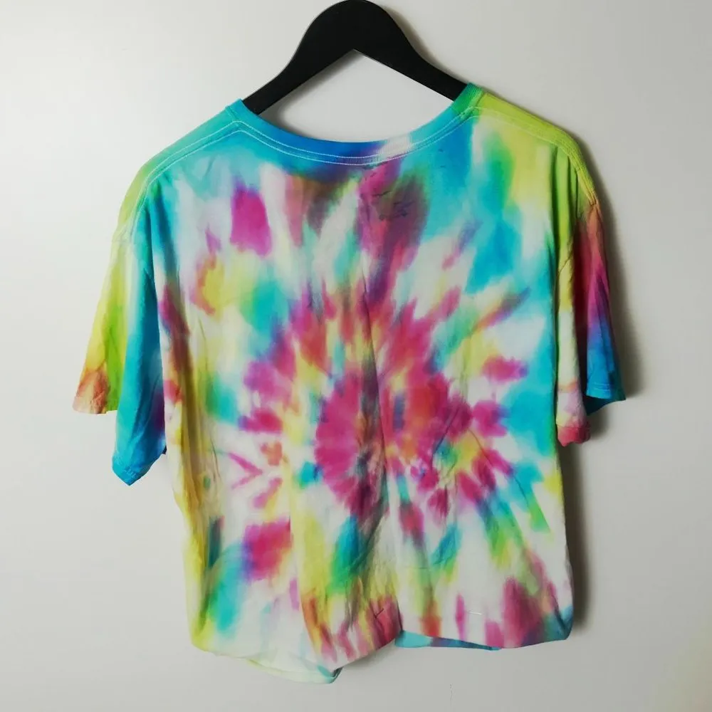 OVERSIZED Tie Dye Shirt Womens Raw Hem Spiral Festival Tee Short Sleeve T Logo L - Image 4